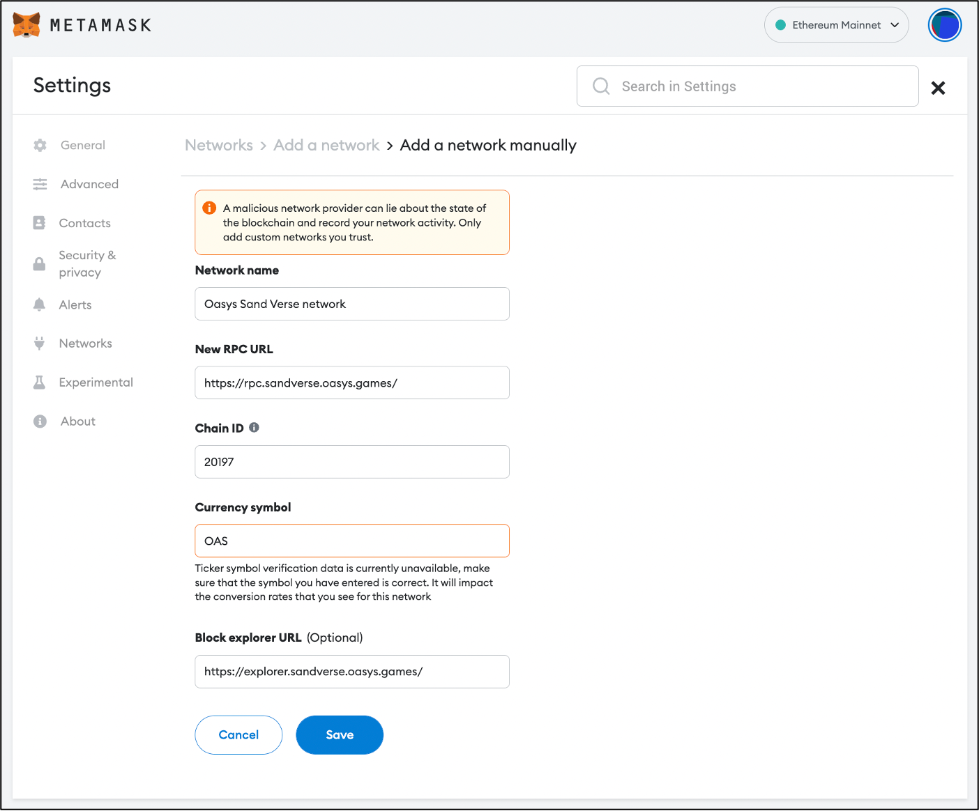 Add Oasys SAND Verse network on metamask