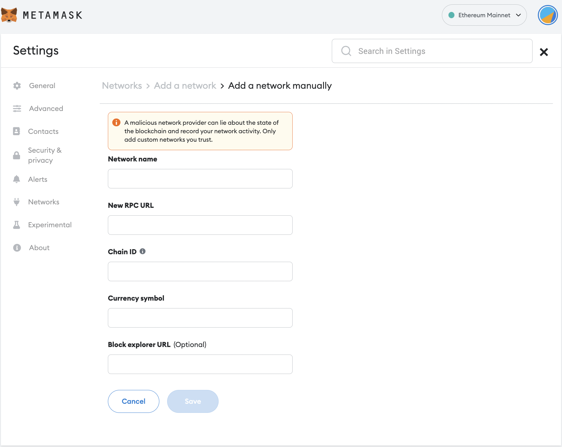 Add network on metamask